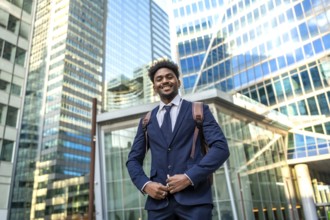 Young businessman standing confidently in a modern urban environment, carrying a backpack and