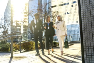 Group of diverse business people walking outdoors in a modern city during daytime, discussing