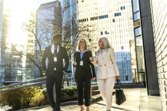 Diverse business professionals walking outdoors on a sunny day, engaging in conversation while