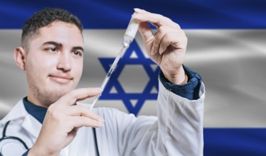 Doctor holding syringe on Israel flag background. Medical professional holding syringe with Israeli