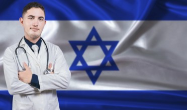 Portrait of medical professional on Israel flag background. Israeli national health system