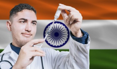 Doctor holding syringe on India flag background. Medical professional holding syringe with Indian