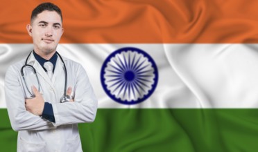 Portrait of medical professional on India flag background. Indian national health system