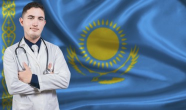 Portrait of medical professional on Kazakhstan flag background. Kazakh national health system