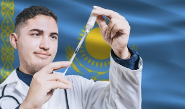 Doctor holding syringe on Kazakhstan flag background. Medical professional holding syringe with