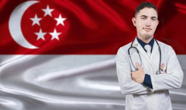 Portrait of medical professional on Singapore flag background. Singaporean national health system