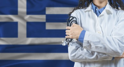 Healthcare professional with Greece flag background. Professional doctor holding stethoscope on