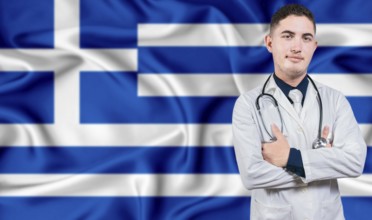 Portrait of medical professional on Greece flag background. Greek national health system