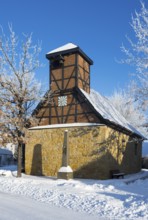 Timbered church in snowcoat with clear blue sky in background, Old Chapel, 15th century, snow,