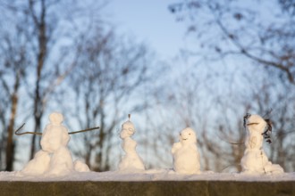 Little snowmen are standing in Volkspark Friedrichshain on 07.01.2026