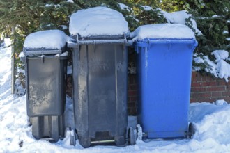 Snowy trash cans, winter, snow, Sieversen, Samtgemeinde Rosengarten, Lower Saxony, Germany