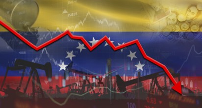 Fall oil price with Venezuelan flag on economic chart. Petrol crisis with Venezuelan flag on