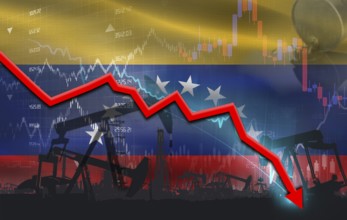 Crude crisis with Venezuelan flag on financial graph. Fall oil price with flag of Venezuela on
