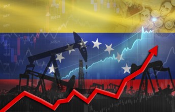 Oil production with Venezuelan flag, petrol industry. Oil pumps with Venezuelan flag