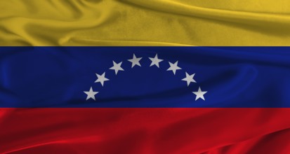 Flag of Venezuela with fabric textured background. Close up of National flag of Venezuela with