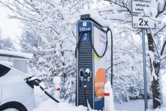Close-up of a snowy charging station for electric cars with colorful details, Tesla Model Y