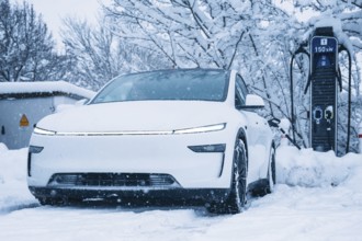 White electric car covered with snow next to a charging station in winter scenery, Tesla Model Y