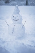 A humorous snowman with twig arms and button-like smile in the snow, Waldachtal, Freudenstadt