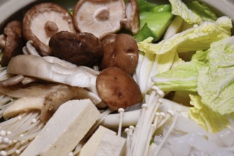 Japanese vegan nabe or nabemono soup dish with Chinese cabbage, tofu, enoki and shitake mushrooms