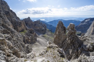 Spectacular mountain landscape with steep cliffs and rock towers, Via Ferrata Bocciere Centrale via