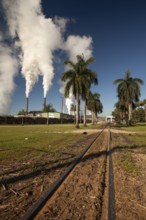 August 19, 2020, Sugar Mill. Industrial chimneys smoking under a clear blue sky on a bright sunny