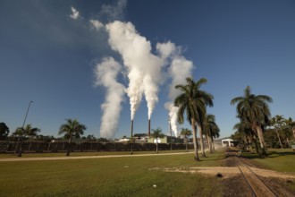 August 19, 2020, Sugar Mill. Industrial chimneys smoking under a clear blue sky on a bright sunny