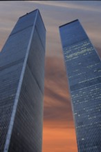 Towers from the World Trade Center, evening sky, September 2000, New York City, USA, historical