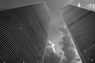 Towers from the World Trade Center, evening sky, black and white, September 2000, New York City,