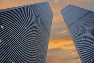 World Trade Center towers in the evening sky, September 2000, New York City, USA, historical