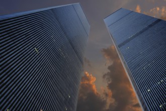 Towers from the World Trade Center, evening sky, September 2000, New York City, USA, historical