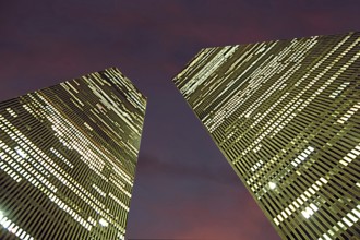 Office lights in the towers of the World Trade Center in the evening, New York City, USA,