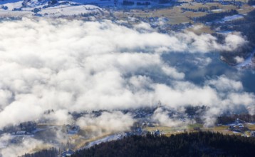 View of a sea of fog from Vormauerstein, Sankt Wolfgang am Wolfgangsee, church tower rising out of