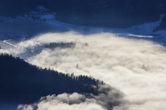 View of a sea of fog from Vormauerstein, Strobl am Wolfgangsee, church tower sticking out of the