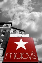 Macy's advertising sign, the biggest department store in the world, black and white, New York City,