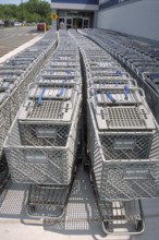 Shopping trolleys pushed together in front of a supermarket, Newton, New Jersey, USA