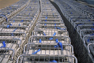 Shopping trolleys pushed together in front of a supermarket, Newton, New Jersey, USA
