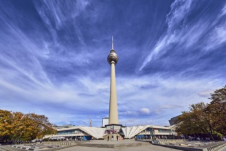 Berlin TV Tower, square, stone staircase, general architecture, pedestrians as accessories, trees,