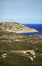 Coast at Punta de la Revellata, behind the lighthouse, Calvi, Haute Corse Department, Corsica,