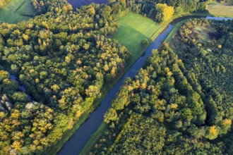 Aerial view of Hunte in autumn, Pestrup, Wildeshausen, Lower Saxony, Germany