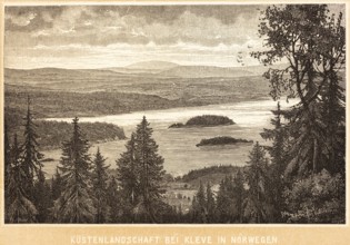 Norwegian coastal landscape near Kleve, view of a fjord, wooded islands, mountainous landscape,