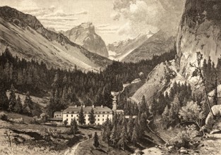 Halltal with the Haller Salzberg, Karwendel Mountains, Tyrol, valley forested with fir trees, rocky