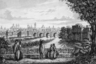 City view of Lima on Rio Rimac, state capital, view from stone bridge, city center, numerous