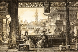 Palace in Beijing, China, view of river landscape, bridge, two distinguished Chinese people, man,