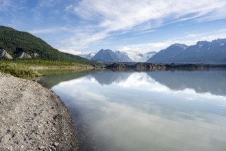 Mountain landscape reflected in glacial lake, Mount Blackburn and Kennicott Glacier, McCarthy Road,