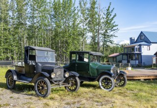 Vintage car and historic building, McCarthy, Wrangell St. Elias National Park, Alaska, USA