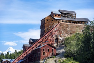 Red dilapidated buildings of Kennicott, Kennicott Concentration Mill to extract copper from