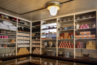 Interior view, historic restored Kennicott shopping store with historic goods display, retro food