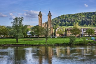 Moselle river, St. Salvator church, double tower, general architecture, houses, riverbank, hilly