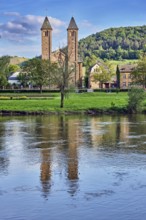 Moselle river, St. Salvator church, double tower, general architecture, houses, riverbank, hilly