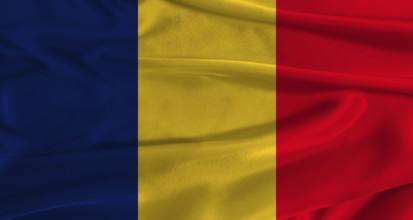 Flag of Chad with fabric textured background. Close up of National flag of Chad with realistic